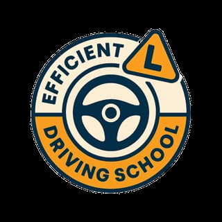 Efficient Driving School logo with steering wheel and yellow L-plate warning triangle symbol
